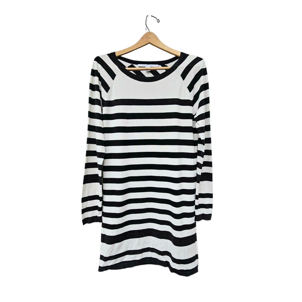 Diane Von Furstenberg Dress Womens Large White Black Stripe Silk Viscose - Picture 1 of 8